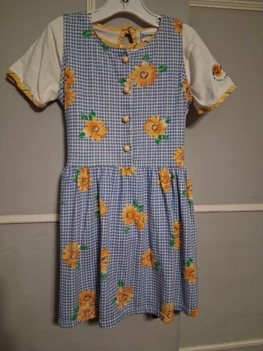 Vintage Buster Brown Dress Girls 6X Blue Gingham w/Sunflowers 2 Pc Buttons USA